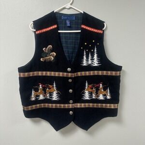 Karen Scott II Vintage Christmas Vest Black Reindeer‎ Pinecone Plaid Plus 1X